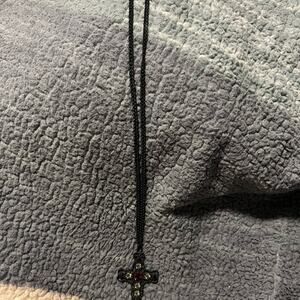 Gothic Black Cross Necklace Double Chain Rhinestone Pendant Red Stone 16” EUC